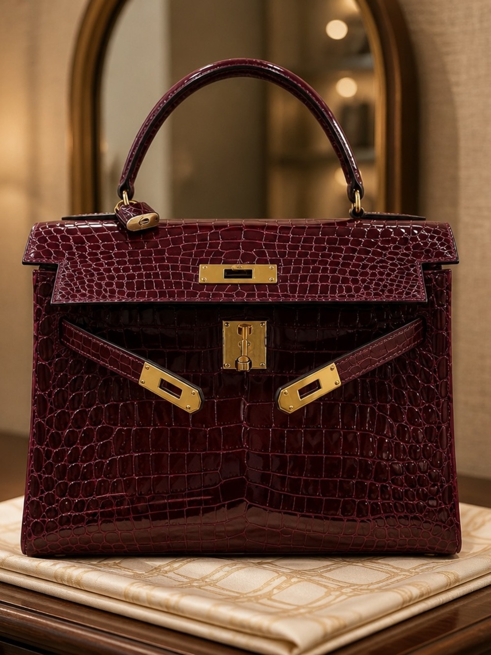 KEWANPEN Burgundy genuine Crocodile Top-Handle Satchel with Gold Hardware